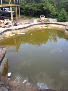 A very dirty, green residential pool filled with debris before cleaning by A-Grade Pools in Knoxville, TN.