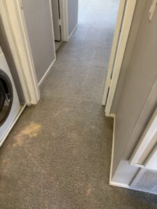 A dirty hallway carpet with visible stains, ready for professional cleaning by Heaven's Best Carpet Cleaning San Diego CA.