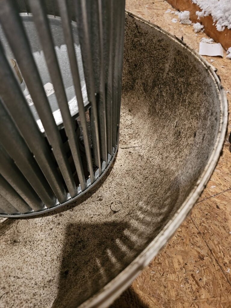 A dirty HVAC blower fan, indicating a need for cleaning or maintenance by Advance Heating & Air, Inc. in Sumter, SC.