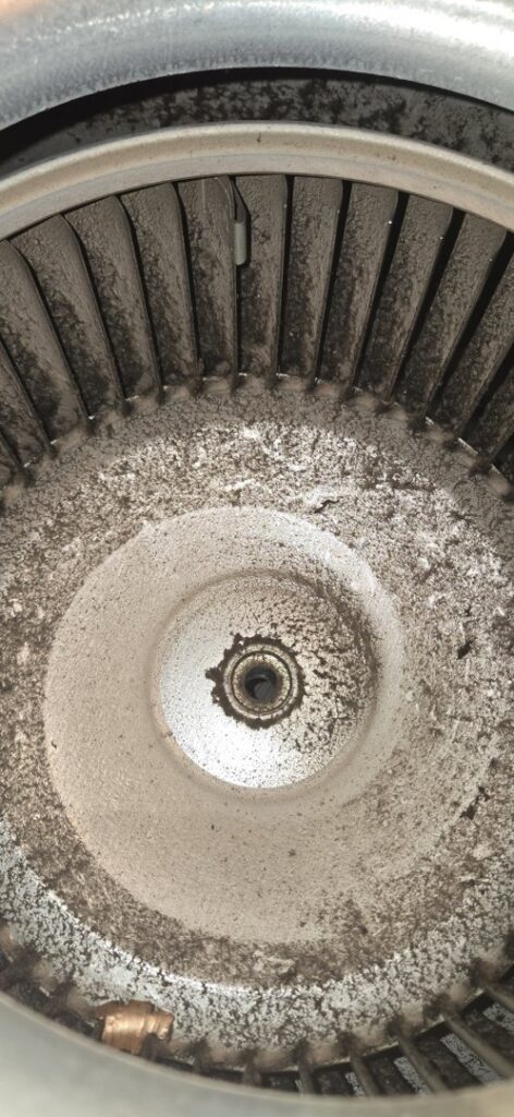 A very dirty HVAC blower fan, indicating the need for professional cleaning from Sound Comfort Heating & Air Conditioning in Everett, WA.