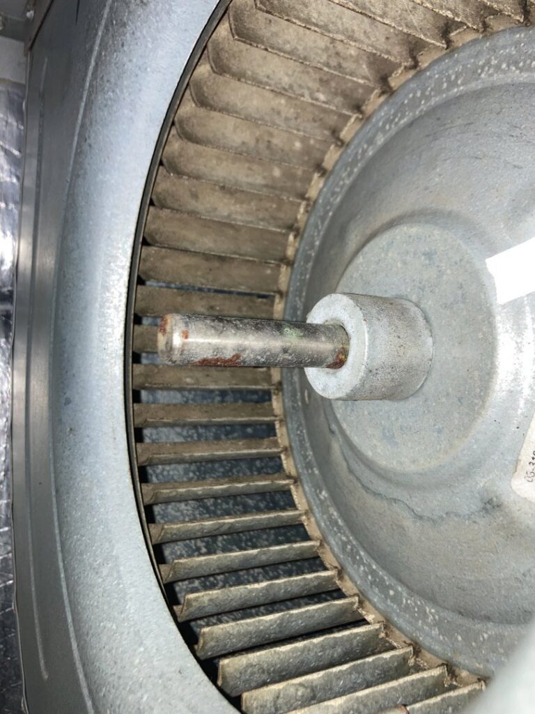 A close-up view of a dirty HVAC blower fan, showing the accumulation of dust and debris, cleaned by Star Quality Air Duct Cleaning in Silver Spring, MD.