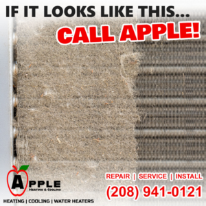 A dirty HVAC coil, half-cleaned, demonstrating the need for maintenance from Apple Heating & Cooling in Nampa, ID.