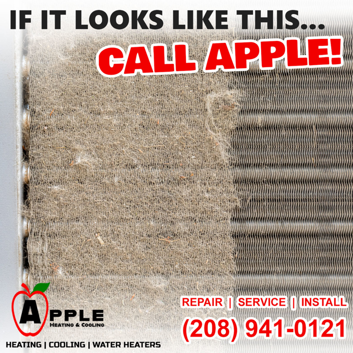 A dirty HVAC coil, half-cleaned, demonstrating the need for maintenance from Apple Heating & Cooling in Nampa, ID.