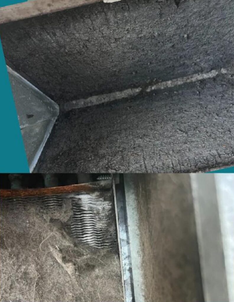 Close-up view of dirty HVAC ductwork and a clogged air filter, showing the need for cleaning by Relief Heating and Cooling, LLC in Greensboro, NC.