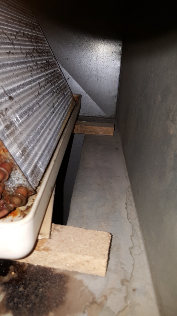 A dirty HVAC evaporator coil inside an air handler, indicating service needed by Air Conditioning and Heating Service of Meridian, ID