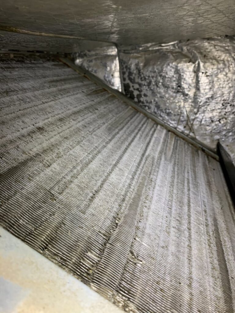 Heavily soiled HVAC evaporator coils inside an air handler, indicating a need for cleaning by Systematic Heating & Air in Winston-Salem, NC.