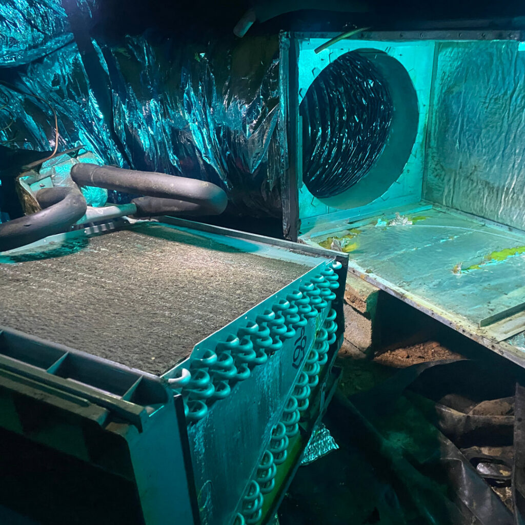 A dirty indoor HVAC evaporator coil and ductwork, highlighted by a blue light, showing a need for cleaning by Eleven Heating and Cooling in Birmingham, AL.