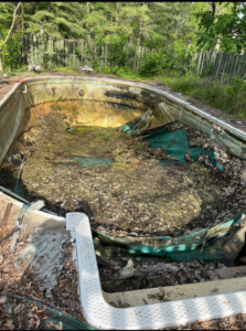 A very dirty inground pool filled with leaves and debris, awaiting cleaning by Westside Pools in Owensboro, KY.