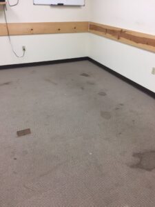 A dirty office carpet with visible stains before professional cleaning by Olen's Carpet & Upholstery Cleaning LLC in Cleveland, OH.