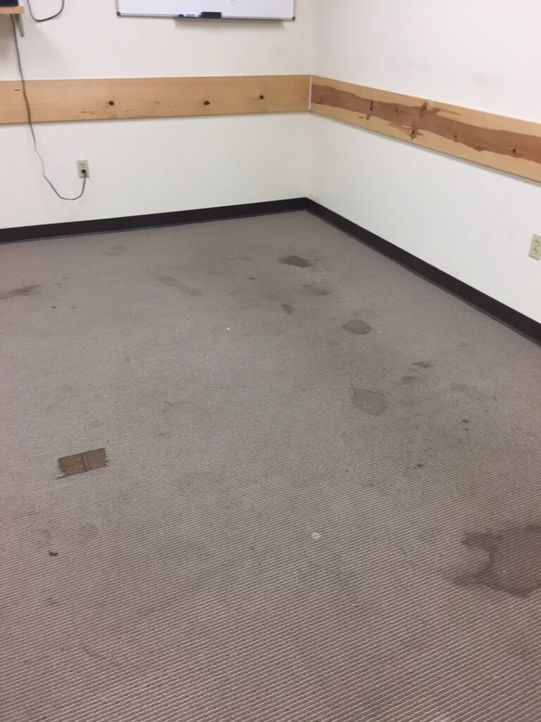 A dirty office carpet with visible stains before professional cleaning by Olen's Carpet & Upholstery Cleaning LLC in Cleveland, OH.