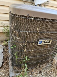 A dirty outdoor air conditioning unit overgrown with vines, indicating a need for maintenance from Heritage Heating and Air Conditioning in Nampa, ID