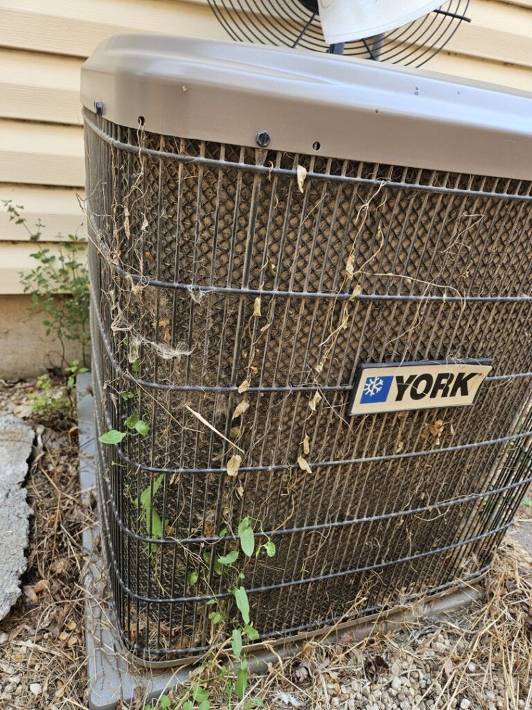 A dirty outdoor air conditioning unit overgrown with vines, indicating a need for maintenance from Heritage Heating and Air Conditioning in Nampa, ID
