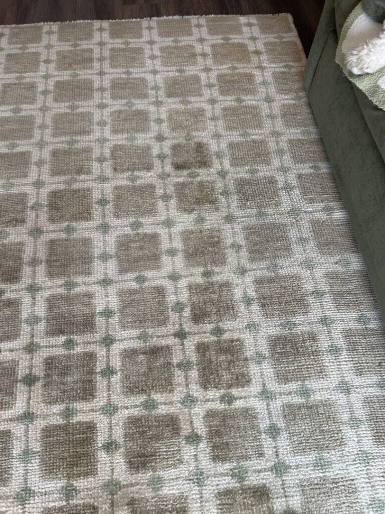 A dirty, patterned area rug with visible stains before cleaning by Safe-Dry Carpet Cleaning of Clarksville, TN