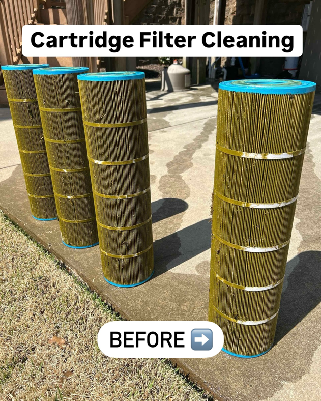 Dirty pool filter cartridges before service by Hot Springs Pool Service in Chula Vista, CA.