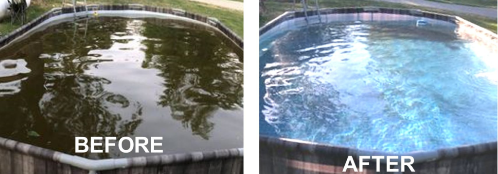 Before and after view of a dirty, dark green pool restored to clean, blue water by Magic Iron Filter in Madison, WI.