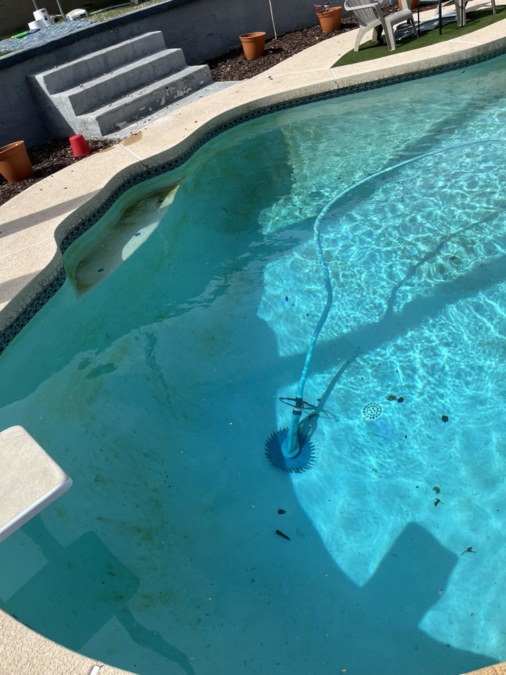 A close-up of a dirty swimming pool with visible stains and a pool vacuum hose, being cleaned by Brigade Pool Services in Tempe, AZ.