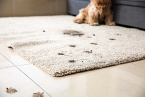 A dirty rug with dog paw prints and dirt, ready for cleaning by Master Clean Carpet Care in Casper, WY