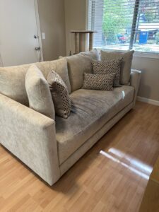 A sofa with noticeable dirt and stains on its upholstery, ready for cleaning by Pacific Steam Carpet Cleaning in Gresham, OR.