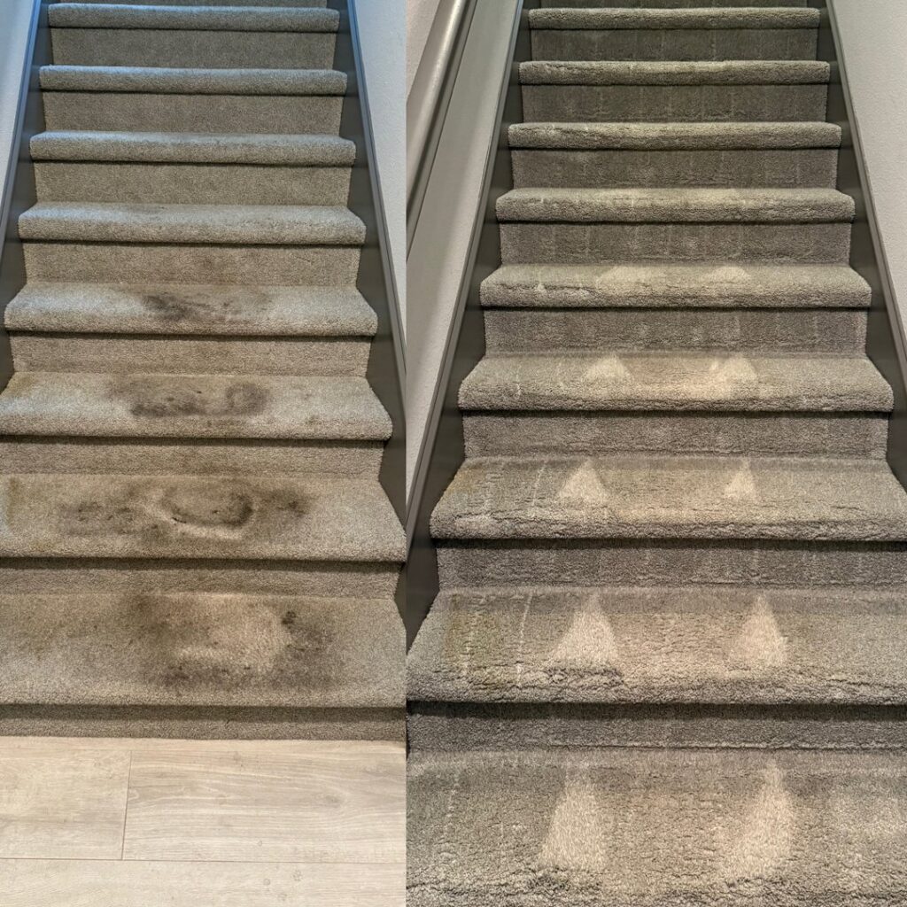 Before and after of a heavily soiled staircase carpet cleaned by Eco Clean Carpet and Tile Care in Rocklin, CA