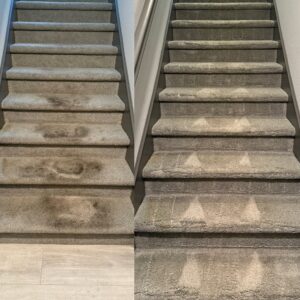 Before and after of a heavily soiled staircase carpet cleaned by Eco Clean Carpet and Tile Care in Rocklin, CA