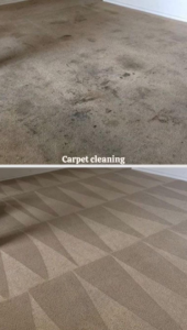 Before and after comparison of a dirty carpet transformed to clean by Humble Brothers Carpet Cleaning in Durham, NC.
