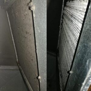 Before and after comparison of a dirty and clean HVAC air filter by Wilcox Services in Temple Hills, MD.