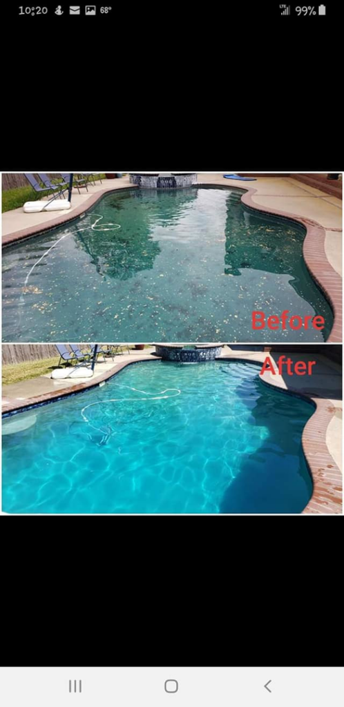 Before and after photos showing a dirty pool transformed into a sparkling clean pool by Pool Doctors in Cape Coral, FL.