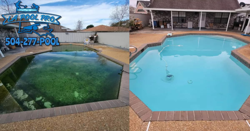 A before and after view of a pool, showing a dirty, green pool on the left and a clean, blue pool on the right, cleaned by La Pool Pro LLC in New Orleans, LA.
