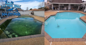 A before and after view of a pool, showing a dirty, green pool on the left and a clean, blue pool on the right, cleaned by La Pool Pro LLC in New Orleans, LA.