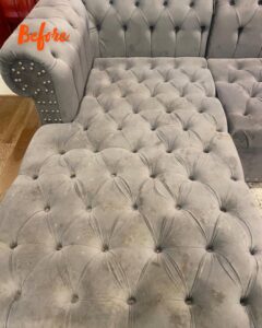 A dirty tufted chaise lounge before professional upholstery cleaning by Carpet Kingz in Houston, TX