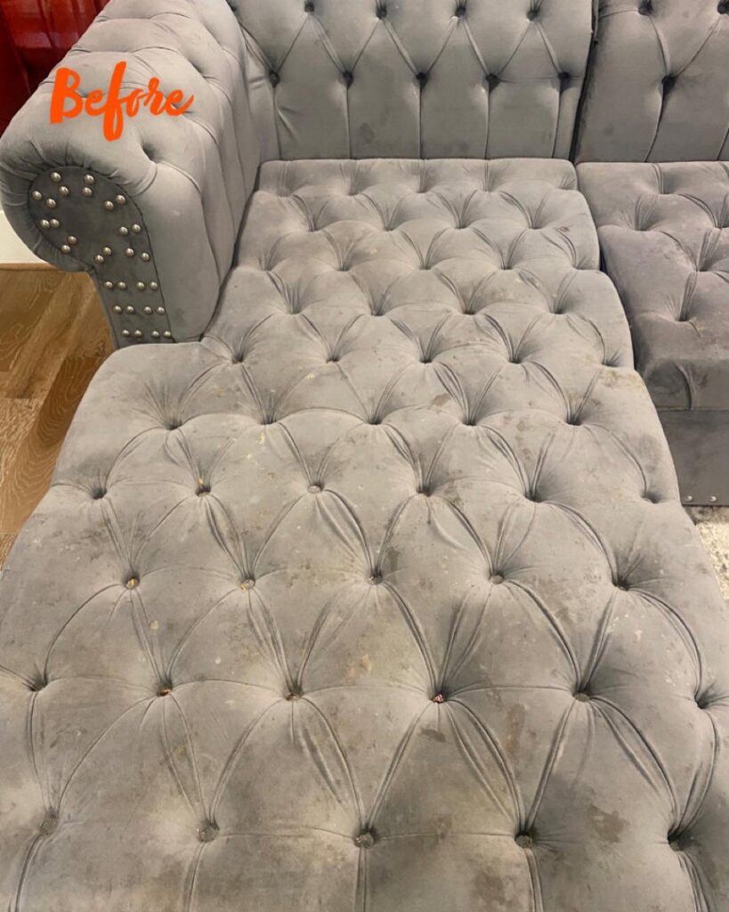 A dirty tufted chaise lounge before professional upholstery cleaning by Carpet Kingz in Houston, TX