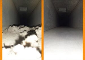 A before and after comparison showing a dirty air duct on the left and a clean air duct on the right, by Fresh N Clean Duct Cleaning in Arvada, CO.