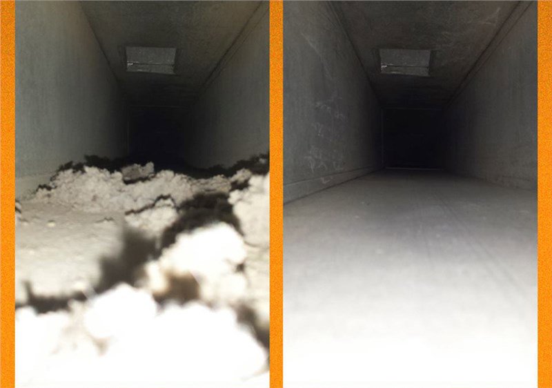 A before and after comparison showing a dirty air duct on the left and a clean air duct on the right, by Fresh N Clean Duct Cleaning in Arvada, CO.