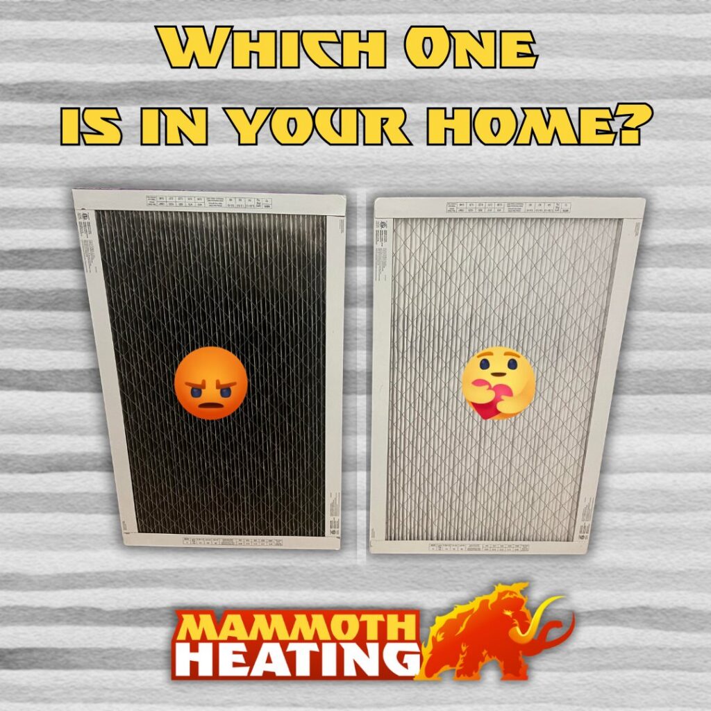 Comparison of a dirty air filter and a clean air filter for HVAC systems by Mammoth Heating in Wasilla, AK.