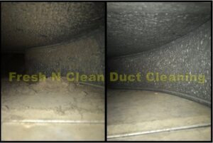 A before and after comparison showing a dirty HVAC blower fan on the left and a clean one on the right by Fresh N Clean Duct Cleaning in Arvada, CO.