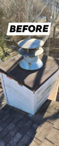 A dirty and worn chimney cap and flashing on a residential roof before service by Chimney Inc. in Knoxville, TN.