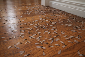 Numerous discarded insect wings scattered on a wooden floor, indicating a pest infestation handled by Tailor Made Pest and Wildlife in Louisville, KY.