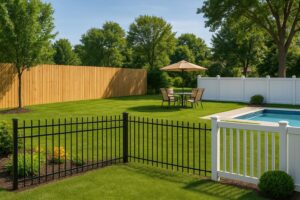 A backyard showcasing diverse fencing types including wood, white vinyl, and black aluminum, installed by Chesley Fence & Deck in Fairview Heights, IL.