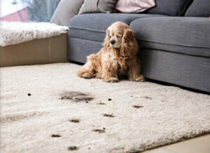 A dog sitting next to a dirty carpet with muddy paw prints, showing a need for cleaning by Wilmington Carpet Cleaning NC in Wilmington, NC.