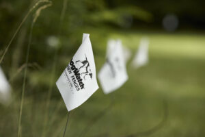 A close-up of a DogWatch Hidden Fences boundary flag, marking an installation area in Mount Pleasant, SC.