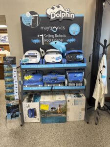 A display of Dolphin robotic pool cleaners for sale at Fox Pools of Evansville Inc in Evansville, IN