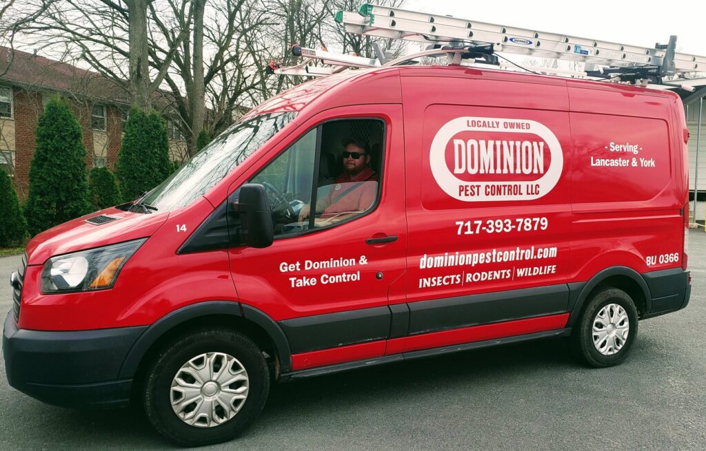 A Dominion Pest Control LLC service van with ladders, ready for pest and wildlife control jobs in Lancaster & York, PA.