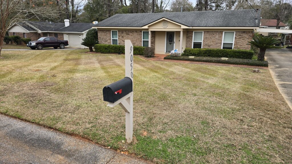 A dormant winter lawn showing clear mowing stripes, indicating professional lawn care by Southern Rooted Lawns in Mobile, AL.
