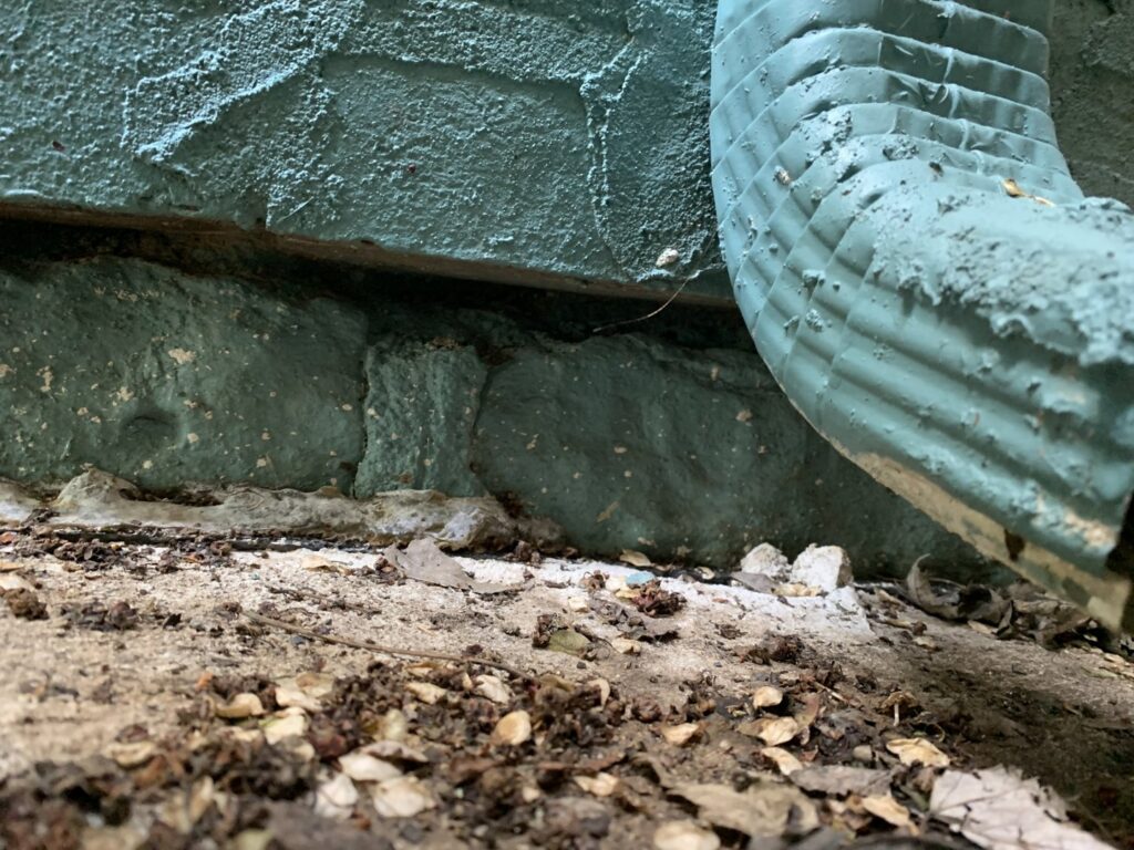 A downspout next to a light blue brick foundation, an area often inspected for pest activity by Moderno Pest Control in Fort Wayne, IN.