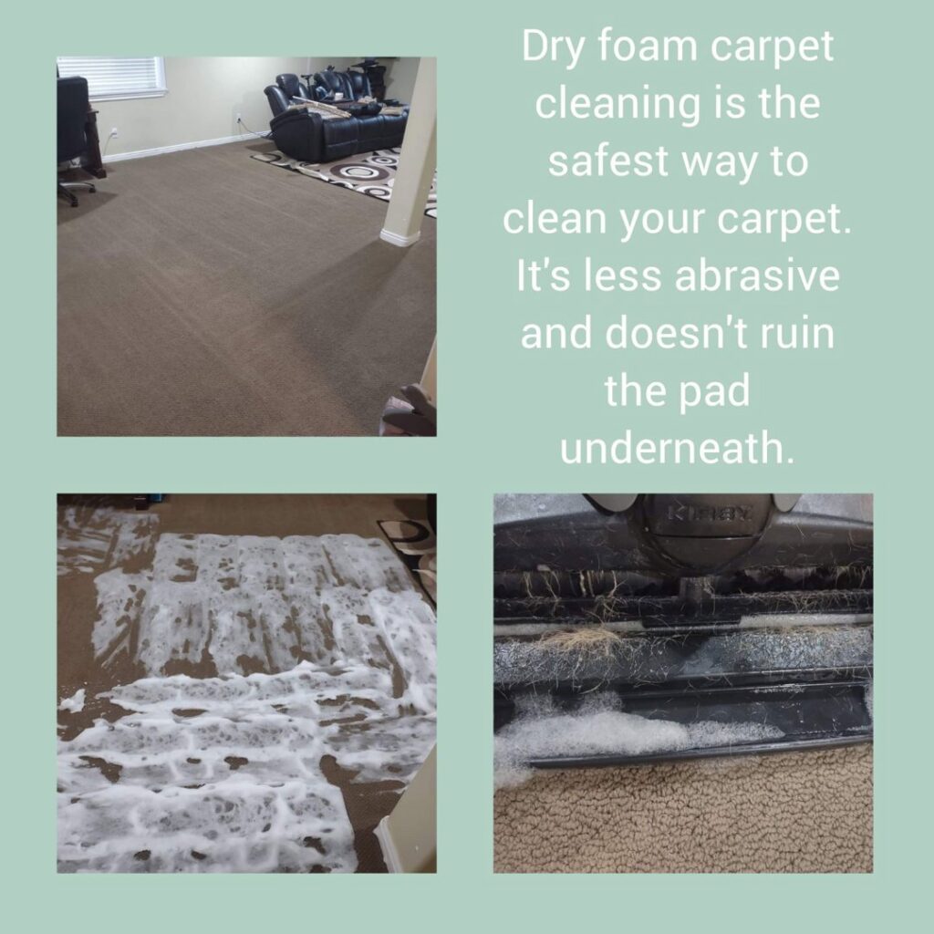 A collage demonstrating the dry foam carpet cleaning process and results by Clean Freaks in Ogden, UT.