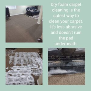 A collage demonstrating the dry foam carpet cleaning process and results by Clean Freaks in Ogden, UT.