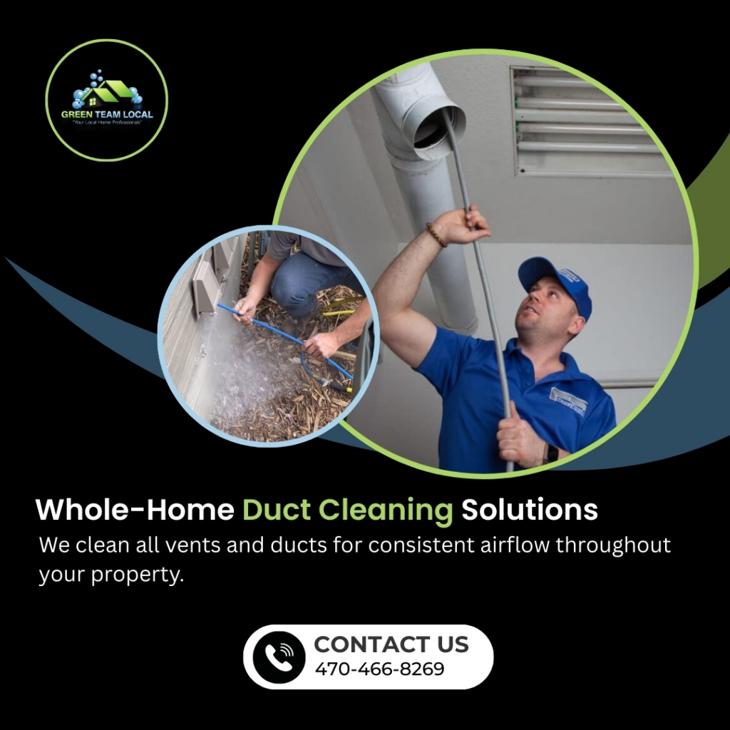 A Green Team Local technician cleaning an air duct, with an inset showing dryer vent cleaning in Page.
