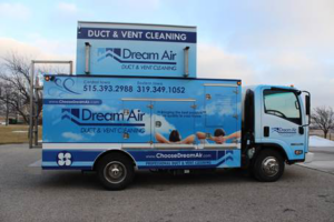 A branded service truck for duct and vent cleaning from Dream Air Vent and Duct Cleaning in Des Moines, IA