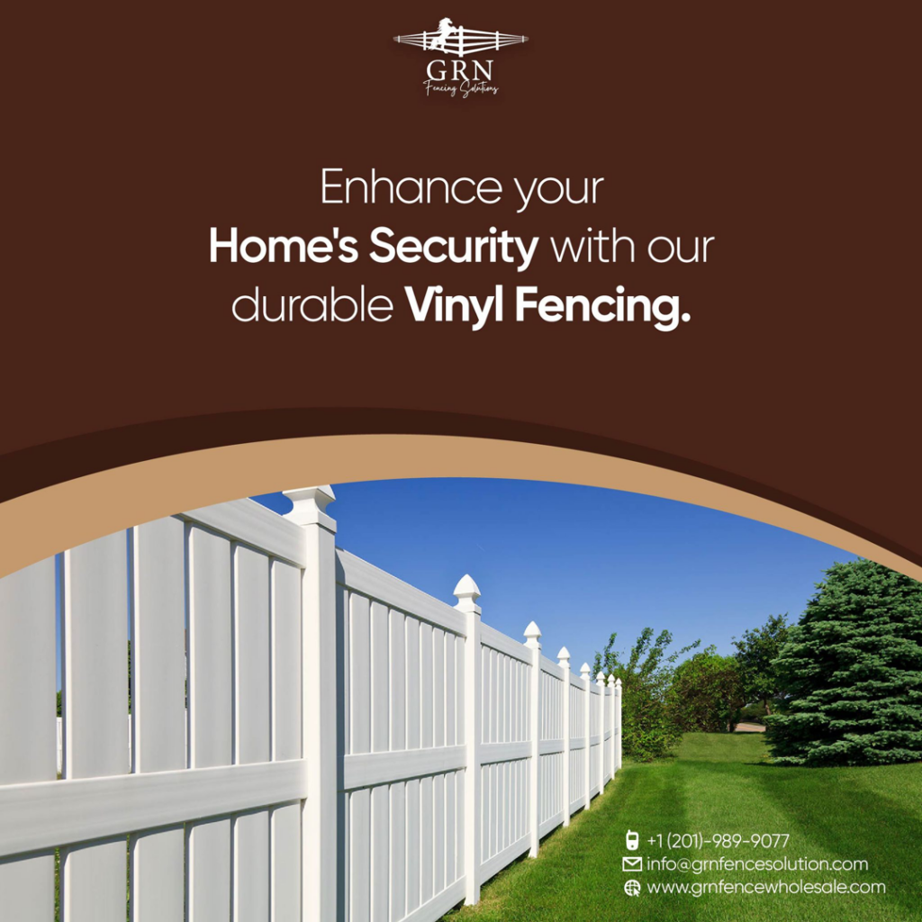 A durable white vinyl fence curving through a residential yard, installed by GRN Fence Solution in Newark, NJ.