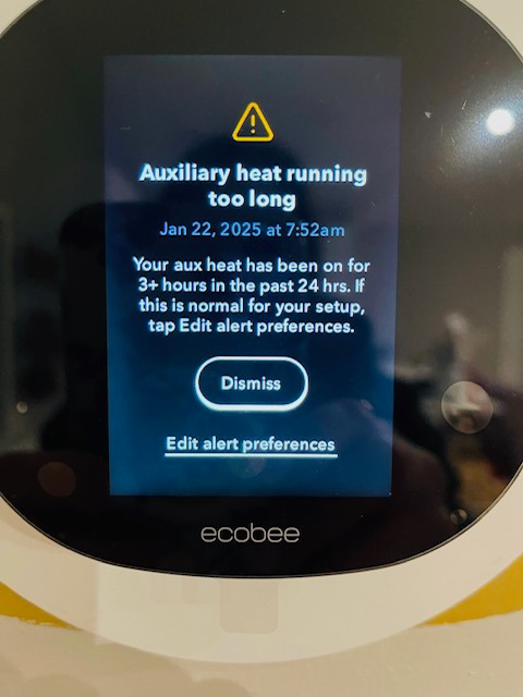 Ecobee smart thermostat with 'Auxiliary heat running too long' alert, an HVAC issue for Mura-Tech Services LLC in Charleston, SC.